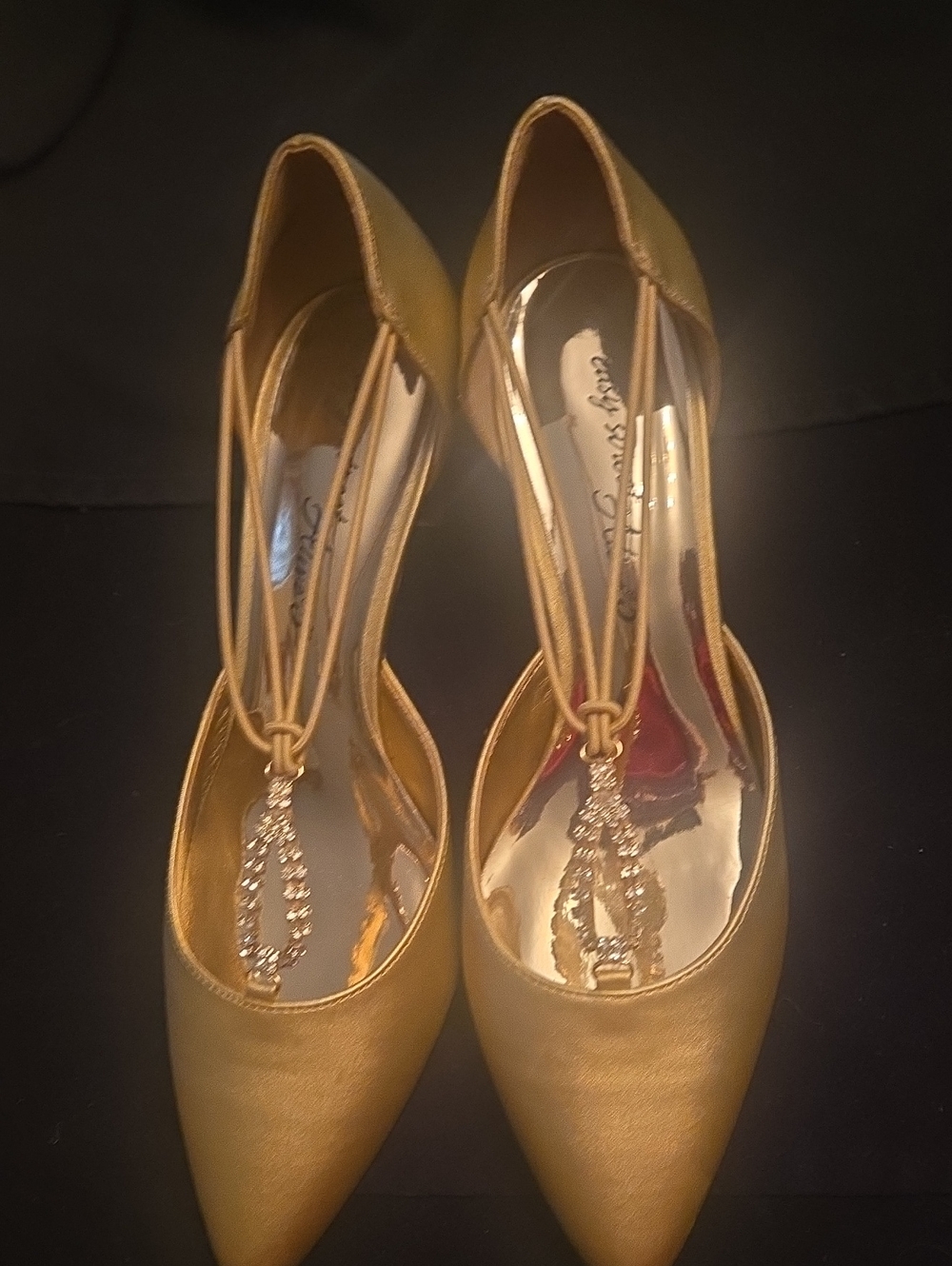 Easy Street Gold Pointed-Toe Heels with Crystal T-Strap